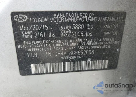 2016 Hyundai Elantra Se z USA, uszkodzony, nr VIN 5NPDH4AE8GH662868